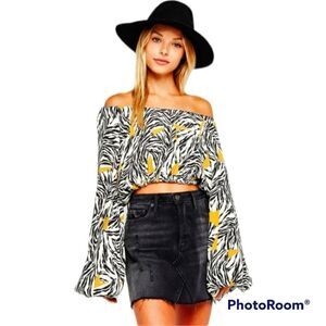 Olivaceous small black white gold safari off shoulder tied open back top